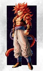  1boy absurdres black_legwear blue_eyes body_fur clenched_hands dragon_ball dragon_ball_gt full_body gogeta highres male_focus metamoran_vest monkey_boy monkey_tail muscular muscular_male obi pants red_fur red_hair sash smile solo spiked_hair standing studio_viga super_saiyan super_saiyan_4 tail white_pants 