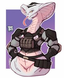  2020 agent_torque anthro apode clothing dedoarts draconcopode featureless_crotch female forked_tongue green_eyes hi_res legless looking_at_viewer naga reptile scalie serpentine simple_background smile snake snake_hood solo tongue tongue_out viper_(x-com) x-com x-com:_chimera_squad 