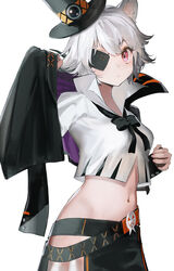  animal_ears arknights belt black_skirt bow bowtie breasts capelet click_(arknights) click_(grave_thief)_(arknights) commentary_request crop_top eyepatch female hat high_collar highres looking_at_viewer midriff navel red_eyes see-through shirt short_hair simple_background skirt small_breasts solo stomach top_hat upper_body white_background white_hair white_shirt yamamura_saki 