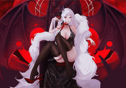  absurdres armchair azur_lane bare_shoulders black_choker black_dress black_thighhighs blush breasts chair choker cleavage collarbone demon_horns demon_wings dido_(magicc) dress feather_boa female fingernails full_body hair_ornament hand_in_own_hair high_heels highres horns large_breasts long_hair looking_at_viewer nail_polish official_alternate_costume open_mouth parted_lips purple_eyes red_footwear red_nails shoe_dangle shoes single_shoe sitting solo thighhighs thighs white_hair wings yorck_(azur_lane) yorck_(breaker_under_the_blood_moon)_(azur_lane) 