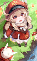  :d absurdres ahoge backpack bag boots brown_gloves brown_scarf brown_socks cabbie_hat chinese_commentary clover_print coat commentary female from_above full_body genshin_impact gloves grass hair_between_eyes hat highres hood hooded_coat jumpy_dumpty klee_(genshin_impact) knee_boots kneehighs lalahei light_brown_hair long_hair long_sleeves looking_at_viewer looking_up low_twintails orange_eyes pointy_ears randoseru red_coat red_hat river scarf sidelocks smile socks solo standing twintails 