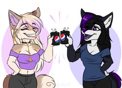  2021 anthro beverage_can bisexual_pride_colors breasts canid canine canis clothed clothing digital_media_(artwork) duo ei-ka female fox hair lgbt_pride mammal open_mouth pepsi pride_color_piercing pride_colors purple_hair rinka_eya smile teeth tongue wolf 