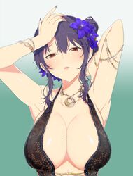  arm_behind_head armlet armpits bad_id bad_twitter_id bikini black_dress black_hair breast_mousepad breasts cleavage dress female floral_print flower hair_bun hair_flower hair_ornament hand_on_own_head highres large_breasts mole mole_on_breast mousepad_(medium) nail_polish resized rin_(senran_kagura) senran_kagura single_hair_bun swimsuit third-party_source upper_body upscaled waifu2x yaegashi_nan 