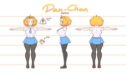  ! ahoge back_view big_breasts blonde_hair blue_tie character_sheet clothed danchan danger_sign multiple_views pantyhose skirt smiling solo solo_focus t-pose thin_waist venky white_shirt white_skin wide_hips yellow_eyes 