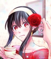  artist_name black_hair blush cup earrings female flower hair_flower hair_ornament hairband holding holding_cup hutaba_nito jewelry long_hair red_eyes red_flower red_rose red_sweater rose sidelocks spy_x_family sweater wavy_mouth white_hairband yor_briar 