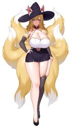  4:7 6_tails absurd_res animal_humanoid big_breasts blonde_hair bottomwear breasts canid canid_humanoid canine canine_humanoid cleavage clothed clothing dipstick_tail female fox_humanoid hair hat headgear headwear hi_res huge_breasts humanoid mammal mammal_humanoid markings multi_tail navel skirt solo suruga_(xsurugax) tail tail_markings wide_hips witch_hat yellow_tail 