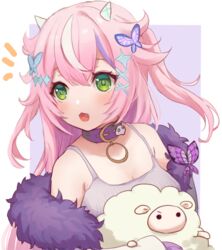  :d animal bare_shoulders blush breasts bug butterfly camisole cleavage collar commentary_request female fur_trim green_eyes grey_camisole hair_between_eyes horns multicolored_hair nijisanji nijisanji_kr notice_lines nuno_(pppompon) oerba_yun_fang off_shoulder pink_hair purple_background purple_collar purple_hair sheep small_breasts smile solo streaked_hair two-tone_background virtual_youtuber white_background white_hair yang_nari yang_nari_(2nd_costume) 