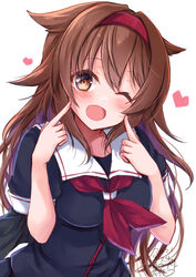  absurdres artist_name black_serafuku black_skirt blush brown_eyes brown_hair commentary_request dated female hair_between_eyes hair_flaps hairband heart highres kantai_collection long_hair mashiro_yukiya neckerchief one_eye_closed open_mouth red_hairband red_neckerchief school_uniform serafuku shiratsuyu_(kancolle) shiratsuyu_kai_ni_(kancolle) short_sleeves signature simple_background skirt smile solo upper_body white_background 