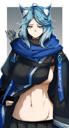  ahoge animal_ear_fluff animal_ears arknights arrow_(projectile) black_cape black_shirt black_skirt blue_eyes blue_hair blue_scarf border breasts cape cat_ears cowboy_shot female flashing gin_moku grey_background highres looking_at_viewer medium_breasts midriff monique_(arknights) navel outside_border pleated_skirt quiver scarf shirt shirt_aside sideboob simple_background skirt solo stomach tsurime white_border 