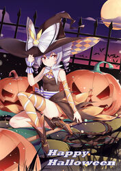  alternate_eye_color black_dress black_footwear boots bronya_zaychik bronya_zaychik_(snowy_sniper) brown_eyes cloud cloudy_sky dress drill_hair female full_body full_moon grey_hair halloween halloween_costume happy_halloween hat highres homu_(honkai_impact) honkai_(series) honkai_impact_3rd moon night night_sky on_floor orange_sleeves orange_thighhighs outdoors pumpkin single_sleeve single_thighhigh sitting sky sleeveless sleeveless_dress solo thighhighs ttnap twin_drills witch witch_hat 