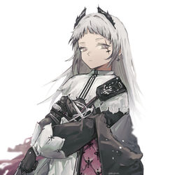  absurdres arched_bangs arknights bad_id bad_pixiv_id black_gloves closed_mouth commentary earrings female gloves grey_hair head_wings high-waist_skirt highres irene_(arknights) jewelry layered_skirt long_hair long_sleeves looking_to_the_side nats_(d0ughnats) puffy_long_sleeves puffy_sleeves purple_skirt scar scar_across_eye scar_on_face sheath sheathed short_bangs shoulder_strap sideways_glance simple_background skirt solo sword twitter_username upper_body weapon white_background white_skirt wings 