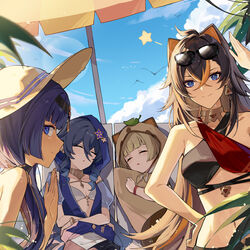  4girls alternate_costume arm_up bare_shoulders beach_umbrella bikini black_hair blue_eyes blue_hair blue_sky breasts brown_hair candace_(genshin_impact) closed_eyes closed_mouth cloud cloudy_sky crossed_bangs dark-skinned_female dark_skin dehya_(genshin_impact) eyewear_on_head genshin_impact hand_on_own_hip highres layla_(genshin_impact) looking_at_viewer medium_breasts multicolored_hair multiple_girls navel outdoors parted_lips sayu_(genshin_impact) sky sleeping small_breasts smile star_(symbol) stomach sunglasses sunlight swimsuit umbrella yajuu 