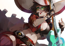  belt black_hair boots breasts cleavage female fingerless_gloves glasses gloves guilty_gear guilty_gear_strive guitar hat highres i-no instrument jacket looking_at_viewer midriff mole mole_above_mouth motoaki red_footwear red_jacket short_hair shorts thigh_boots tinted_eyewear witch_hat 