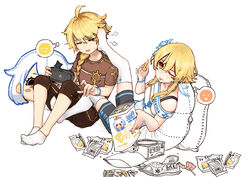  1boy aether_(genshin_impact) blonde_hair braid braided_ponytail brother_and_sister contemporary female flower foot_on_another&#039;s_face genshin_impact hair_flower hair_ornament handheld_game_console highres lumine_(genshin_impact) paimon_(genshin_impact) pillow playstation_vita siblings snack teasing thighhighs tongue tongue_out twins z.s.w. 