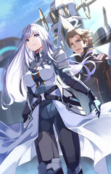  1boy absurdres blue_eyes bolearis_(xenoblade) breast_tattoo breasts brown_hair cleavage_cutout clothing_cutout day dutch_angle ethel_(xenoblade) feet_out_of_frame female ferronis_(xenoblade) gloves grey_hair high_collar highres large_breasts long_coat long_hair outdoors pants risumi_(taka-fallcherryblossom) sky tattoo xenoblade_chronicles_(series) xenoblade_chronicles_3 