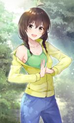  :d ahoge akimoto_kaede black_hair blue_pants braid collarbone cthulhu_shinwa_rpg_suishou_no_yobigoe e_(eokiba) female green_eyes green_tank_top highres jacket open_clothes open_jacket open_mouth palm-fist_greeting pants single_bare_shoulder smile solo tank_top teeth twin_braids upper_teeth_only yellow_jacket 