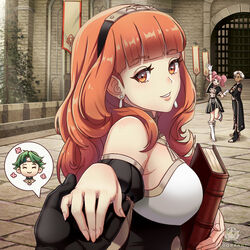  &gt;_&lt; 2boys 2girls alm_(fire_emblem) arm_up black_gloves black_hairband black_skirt black_sleeves blue_eyes boey_(fire_emblem) breasts brown_eyes brown_hair celica_(fire_emblem) commentary crossed_arms dark-skinned_male dark_skin day detached_sleeves earrings english_commentary fire_emblem fire_emblem:_three_houses fire_emblem_echoes:_shadows_of_valentia garreg_mach_monastery_uniform gloves grey_hair grin hairband highres holding holding_hands jewelry long_hair long_sleeves looking_at_viewer looking_back mae_(fire_emblem) medium_breasts miniskirt multiple_boys multiple_girls outdoors outstretched_hand pink_hair pov skirt smile solo_focus standing standing_on_one_leg twintails waving white_gloves zedoraart 