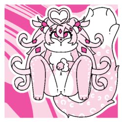  1:1 aliasing anthro arri_daru belly breasts digital_drawing_(artwork) digital_media_(artwork) eyeliner female flat_colors fur gem hair hand_on_torso heart_symbol legs_up long_hair long_tail looking_at_viewer lying makeup navel on_back pink_body pink_eyes pink_fur small_breasts solo tail theenyface white_belly white_body white_fur 