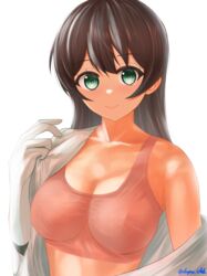  absurdres agano_(kancolle) bad_id bad_pixiv_id black_hair blue_eyes blush braid breasts cleavage closed_mouth commentary dangan_kurabu elbow_gloves female gloves highres kantai_collection large_breasts long_hair looking_at_viewer pink_sports_bra simple_background smile solo sports_bra towel twin_braids underwear upper_body white_background white_gloves 