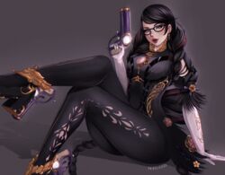  absurdres artist_name bayonetta bayonetta_(series) bayonetta_3 black_hair blue_eyes braid breasts commentary_request earrings elbow_gloves female flower full_body glasses gloves grey_background gun hair_flower hair_ornament high_heels highres holding holding_gun holding_weapon jewelry lipstick long_hair looking_at_viewer makeup mature_female medium_breasts mole mole_under_mouth multiple_braids nyiccco puffy_short_sleeves puffy_sleeves short_sleeves sitting solo trigger_discipline very_long_hair weapon white_gloves 