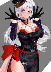  azur_lane belt black_belt black_dress black_gloves black_hat blush breasts cleavage closed_mouth cowboy_shot detached_collar dress earrings echo_(lowlow808) female gloves grey_background half_gloves hat highres jewelry large_breasts lips long_hair peaked_cap plunging_neckline revision simple_background skindentation smile solo thighhighs white_hair white_thighhighs yorck_(azur_lane) 