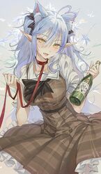  absurdres ahoge alcohol black_bow blue_hair bottle bow breasts brown_dress choker collarbone colored_tips cowboy_shot dress female flower frilled_dress frills heart heart_ahoge highres holding holding_bottle holding_leash hololive hxxg large_breasts leash light_blue_hair long_hair looking_at_viewer multicolored_hair oerba_yun_fang official_alternate_costume official_alternate_hairstyle open_mouth plaid plaid_dress pointy_ears red_choker short_sleeves sidelocks smile solo standing streaked_hair virtual_youtuber white_background white_flower yellow_eyes yukihana_lamy yukihana_lamy_(casual) 