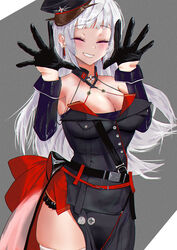  azur_lane belt black_belt black_dress black_gloves black_hat blush breasts cleavage closed_eyes cowboy_shot detached_collar dress earrings echo_(lowlow808) female gloves grey_background half_gloves hat highres jewelry large_breasts long_hair open_mouth parted_lips peaked_cap plunging_neckline revision simple_background skindentation smile solo thighhighs white_hair white_thighhighs yorck_(azur_lane) 