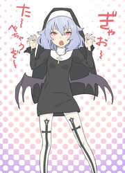  alternate_costume bat_wings blue_hair claw_pose commentary cross dotted_background female habit highres jewelry juliet_sleeves kawayabug latin_cross long_sleeves necklace nun oerba_yun_fang open_mouth print_thighhighs puffy_sleeves red_eyes red_nails remilia_scarlet solo thighhighs touhou translation_request white_thighhighs wings 