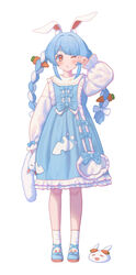  absurdres animal_ear_fluff animal_ears bangs blue_dress blue_footwear blue_hair blush bow braid carrot_hair_ornament commentary_request don-chan_(usada_pekora) dress eyebrows_visible_through_hair female food-themed_hair_ornament full_body hair_ornament hairbow highres hololive long_hair long_sleeves looking_at_viewer nousagi_(usada_pekora) parted_lips rabbit_ears red_eyes rubbing_eyes shoes short_eyebrows simple_background socks standing thick_eyebrows twin_braids twintails usada_pekora virtual_youtuber white_background white_bow white_hair white_legwear yihsien 