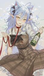  absurdres ahoge alcohol bad_id bad_pixiv_id black_bow blue_hair bottle bow breasts brown_dress choker collarbone cowboy_shot dress female flower frilled_dress frills heart heart_ahoge highres holding holding_bottle holding_leash hololive hxxg large_breasts leash light_blue_hair long_hair looking_at_viewer multicolored_hair oerba_yun_fang official_alternate_costume official_alternate_hairstyle open_mouth plaid plaid_dress pointy_ears red_choker short_sleeves sidelocks smile solo standing streaked_hair virtual_youtuber white_background white_flower yellow_eyes yukihana_lamy yukihana_lamy_(casual) 