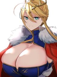  artoria_pendragon_(fate) artoria_pendragon_(lancer)_(fate) blonde_hair braid breasts cape cleavage cleavage_cutout clothing_cutout commentary crown fate/grand_order fate_(series) female french_braid fur_collar green_eyes hair_between_eyes highres huge_breasts kankitsu_kei leotard looking_at_viewer red_cape simple_background sleeveless sleeveless_turtleneck sleeveless_turtleneck_leotard solo turtleneck turtleneck_leotard upper_body white_background 