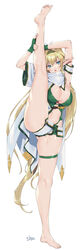  absurdres armpits arms_up artist_name barefoot blonde_hair blue_eyes breasts cleavage elf feet female fingerless_gloves fingernails full_body gloves green_gloves hair_ornament hairband highres large_breasts leg_lift leotard leotard_under_clothes lips long_hair long_legs murata_tefu navel neckerchief open_mouth original pointy_ears shiny_skin short_sleeves shorts signature simple_background soles solo split standing standing_on_one_leg standing_split stomach sweat sweatdrop thighs toes 