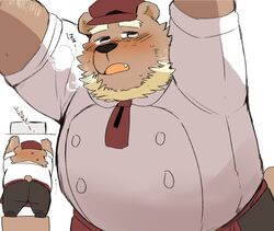  2020 anthro apron ass bakery_bear_(hyaku) bear belly blush bodily_fluids bottomwear brown_body brown_fur clothing cute_fangs fur hyaku_(artist) kemono male mammal overweight overweight_anthro overweight_male pants shirt solo sweat topwear 