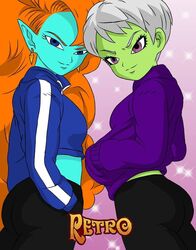  2girls cheelai dragon_ball dragon_ball_super dragon_ball_z hands_in_pockets smiling sweatpants sweatshirt turras zangya 