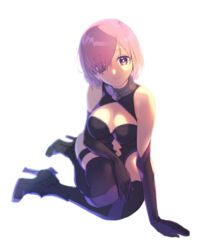  absurdres black_gloves black_leotard black_thighhighs breasts cleavage cleavage_cutout closed_mouth clothing_cutout elbow_gloves ena1215 eyes_visible_through_hair fate/grand_order fate_(series) female full_body gloves hair_over_one_eye high_heels highres leotard looking_at_viewer mash_kyrielight medium_breasts navel pink_hair purple_eyes purple_thighhighs short_hair simple_background sitting smile solo stomach_cutout thighhighs two-tone_gloves two-tone_thighhighs white_background 