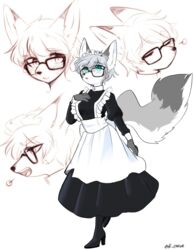  2020 absurd_res anthro blue_eyes blush bodily_fluids breasts canid canine closed_eyes clothed clothing ear_tuft eyewear female female_anthro fingers fluffy fluffy_tail footwear fox fully_clothed glasses hi_res kemono maid_uniform mammal ressue shoes simple_background snout solo standing sweat tail teeth tongue tuft uniform white_background 