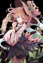  absurdres black_background blonde_hair bow brown_hat female floating_hair flower hair_ribbon hairbow hat highres leaf long_sleeves looking_at_viewer medium_hair moriya_suwako pink_flower purple_skirt purple_vest red_bow red_eyes red_ribbon ribbon shirt skirt skirt_set solo touhou turtleneck umemaro_(siona0908) vest white_shirt wide_sleeves 