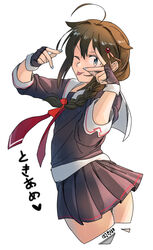  adapted_costume ahoge alternate_sleeve_length artist_name black_serafuku black_skirt blue_eyes braid brown_hair commentary_request cropped_jacket cropped_legs ergot female hair_flaps hair_ornament hair_over_shoulder hat kantai_collection looking_at_viewer nail_polish neckerchief one_eye_closed pleated_skirt red_neckerchief sailor_collar santa_hat school_uniform serafuku shigure_(kancolle) shigure_kai_ni_(kancolle) simple_background single_braid skirt solo tongue tongue_out v_over_eye white_background white_sailor_collar 