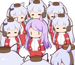  6+girls =_= animal_ears bow chibi clone commentary ear_bow gold_ship_(umamusume) gomashio_(goma_feet) green_bow grey_hair headgear horse_ears horse_girl long_hair mejiro_mcqueen_(umamusume) multiple_girls no_mouth pillbox_hat purple_bow purple_hair red_track_suit surrounded tracen_training_uniform track_suit turtleneck umamusume |_| 