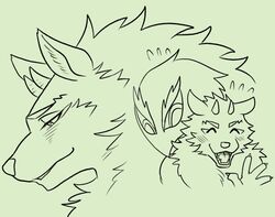  anthro bathym_(tas) blush canid canine canis demon horn lifewonders line_art male mammal monochrome smile solo tokyo_afterschool_summoners wolf zinpatink_m 