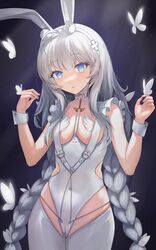  +_+ absurdres alternate_costume animal_ears azur_lane bangs braid breasts bug butterfly closed_mouth covered_navel crossed_bangs eyebrows_visible_through_hair fake_animal_ears feet_out_of_frame female hairband highres le_malin_(azur_lane) le_malin_(listless_lapin)_(azur_lane) light_blue_eyes long_hair looking_at_viewer official_alternate_costume sauvignon silver_hair small_breasts solo star-shaped_pupils star_(symbol) symbol-shaped_pupils thighhighs twin_braids white_hairband white_legwear 