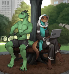  anthro blush bodily_fluids bottomwear brown_body brown_scales city clothed clothing computer detailed_background duo electronics ethrk female fully_clothed green_body green_scales headgear headwear hi_res hijab laptop lizard male muscular muscular_anthro muscular_male outside park pecs plant religious_clothing religious_headwear reptile scales scalie shorts side_by_side sitting smile sweat topless tree 