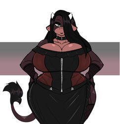  2020 alternative_fashion anthro big_breasts bovid bovine breasts cattle clothing collar corset curvy_figure dress eyeshadow female goth green_eyes hair half-closed_eyes hi_res horn huge_breasts jwinkz lingerie makeup mammal narrowed_eyes solo summer_(jwinkz) thick_thighs topwear 