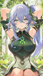  aged_up alternate_breast_size armpits arms_up blush breasts catsmoon cleavage crossed_bangs dress female genshin_impact green_dress green_eyes grey_hair hair_ornament highres large_breasts long_hair looking_at_viewer nahida_(genshin_impact) parted_lips pointy_ears side_ponytail sitting solo symbol-shaped_pupils 