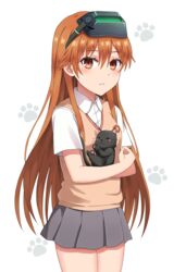  absurdres alternate_hair_length alternate_hairstyle bad_id bad_pixiv_id black_cat brown_eyes brown_hair commentary_request empty_eyes feline female grey_skirt head-mounted_display highres long_hair looking_at_viewer misaka_imouto misaka_imouto_10032 misaka_imouto_10032&#039;s_cat parted_lips paw_print pleated_skirt remoa school_uniform skirt solo summer_uniform sweater_vest toaru_kagaku_no_railgun toaru_majutsu_no_index tokiwadai_school_uniform v-neck white_background 