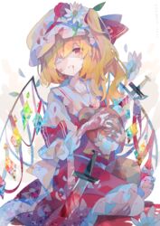  absurdres blonde_hair blood bow crystal eyepatch female flandre_scarlet flower frills hat hat_ribbon highres knife medium_hair mob_cap one_side_up petals red_bow red_eyes red_flower red_ribbon red_skirt red_vest ribbon shirt side_ponytail skirt skirt_set touhou umemaro_(siona0908) vest white_flower white_shirt wings 