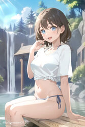  absurdres ai-generated arm_support bad_id bad_pixiv_id bikini blue_bikini blue_eyes breasts brown_hair crop_top female foiegrassan0221 highres lantern looking_at_viewer medium_breasts midriff navel onsen original outdoors rock shirt short_hair side-tie_bikini_bottom sitting soaking_feet solo swimsuit tied_shirt tree twitter_username water white_shirt wooden_lantern 