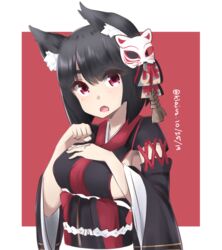  animal_ears azur_lane black_hair bob_cut border breast_suppress breasts cat_ears dated detached_sleeves female hand_on_own_chest hands_up head_tilt highres japanese_clothes kimono klaius large_breasts long_sleeves looking_at_viewer mask mask_on_head oerba_yun_fang open_mouth paw_pose red_background red_eyes sideboob sideless_kimono skin_fang solo twitter_username upper_body white_border wide_sleeves yamashiro_(azur_lane) 