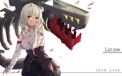  azur_lane black_headwear black_skirt breasts character_name closed_mouth copyright_name drill_hair drill_sidelocks feet_out_of_frame female hand_on_own_cheek hand_on_own_face highres licking_lips long_hair long_sleeves looking_at_viewer luetzow_(azur_lane) medium_breasts motirimoti red_eyes shirt sidelocks skirt smile solo standing tongue tongue_out white_background white_hair white_shirt 