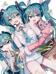  3girls :d @_@ absurdres apron bare_shoulders basket black_sleeves blue_hair blue_necktie closed_mouth collared_shirt commentary danjou_sora detached_sleeves dress eating food frilled_apron frills green_eyes grey_shirt hair_between_eyes hair_ribbon hatsune_miku hatsune_miku_no_bousou_(vocaloid) highres holding holding_food juliet_sleeves long_sleeves looking_at_viewer multiple_girls multiple_persona necktie oerba_yun_fang old_school_swimsuit one-piece_swimsuit pink_dress puffy_sleeves ribbon school_swimsuit shirt simple_background sleeveless sleeveless_shirt smile spring_onion sweat swimsuit tears twintails vocaloid white_apron white_background white_one-piece_swimsuit white_ribbon white_sleeves wide_sleeves 